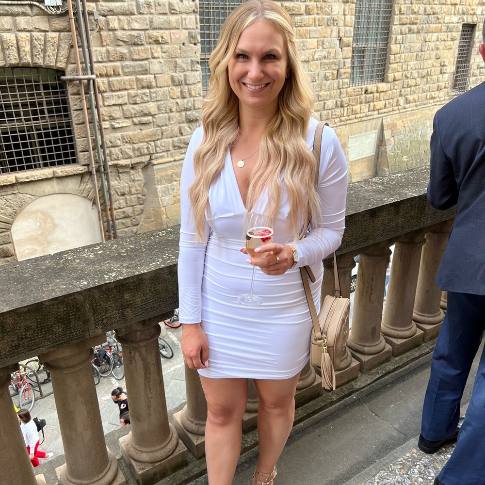 White  Women's Sexy Long Sleeve V Neck Ruched Bodycon Mini Party Cocktail Dress